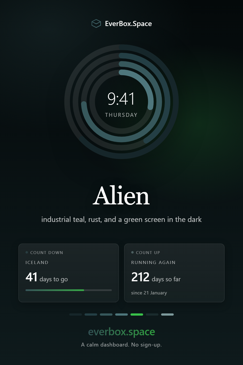 EverBox.Space dashboard in the Alien theme — industrial teal, rust, and a green screen in the dark