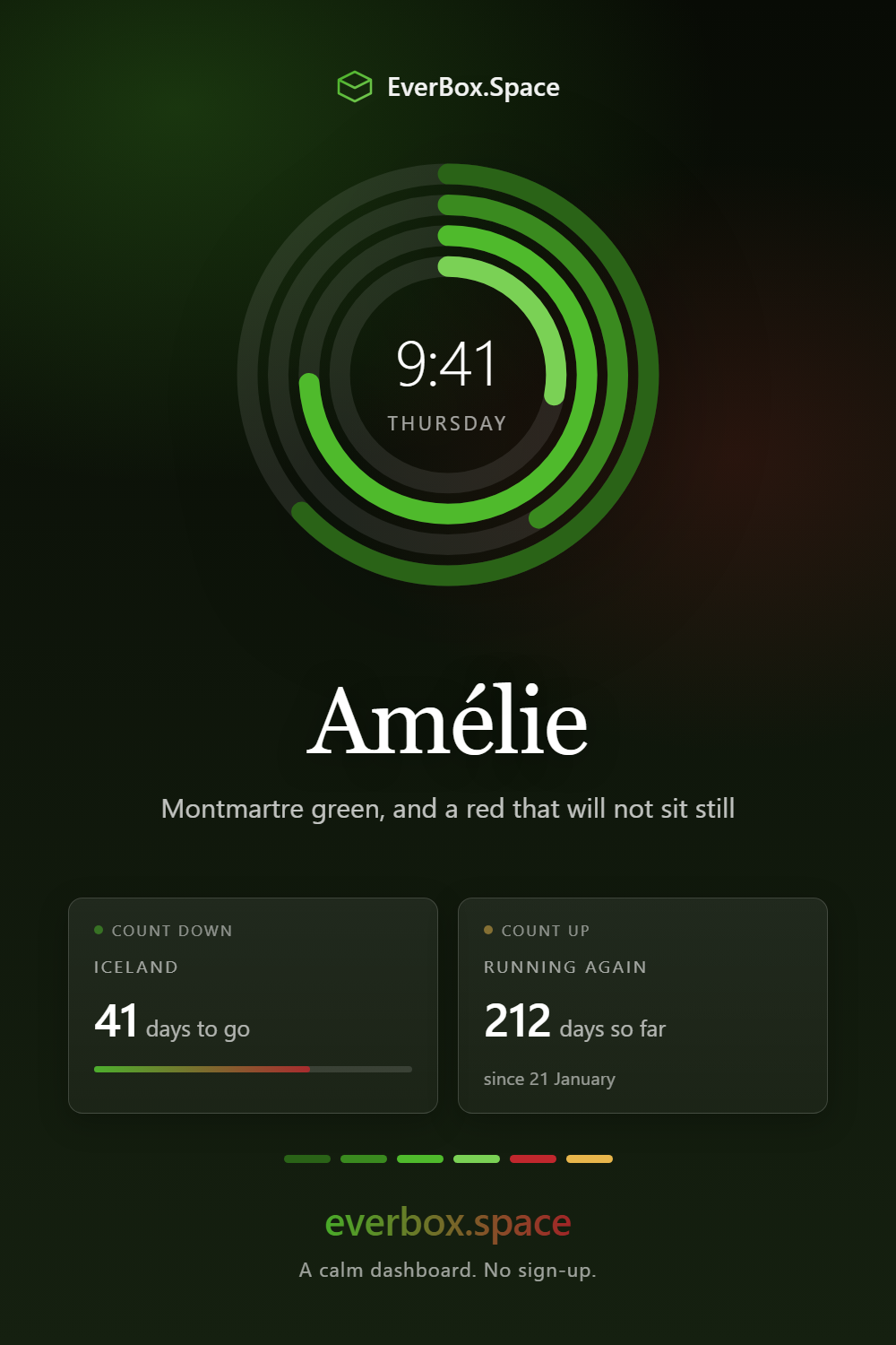 EverBox.Space dashboard in the Amélie theme — Montmartre green, and a red that will not sit still