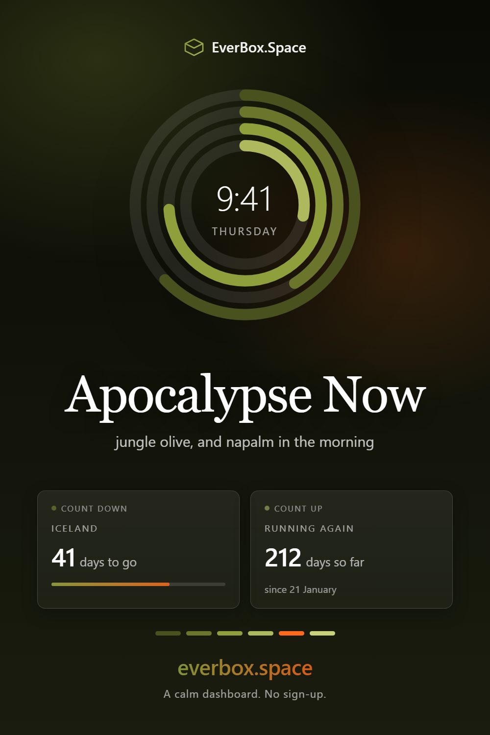 EverBox.Space dashboard in the Apocalypse Now theme — jungle olive, and napalm in the morning