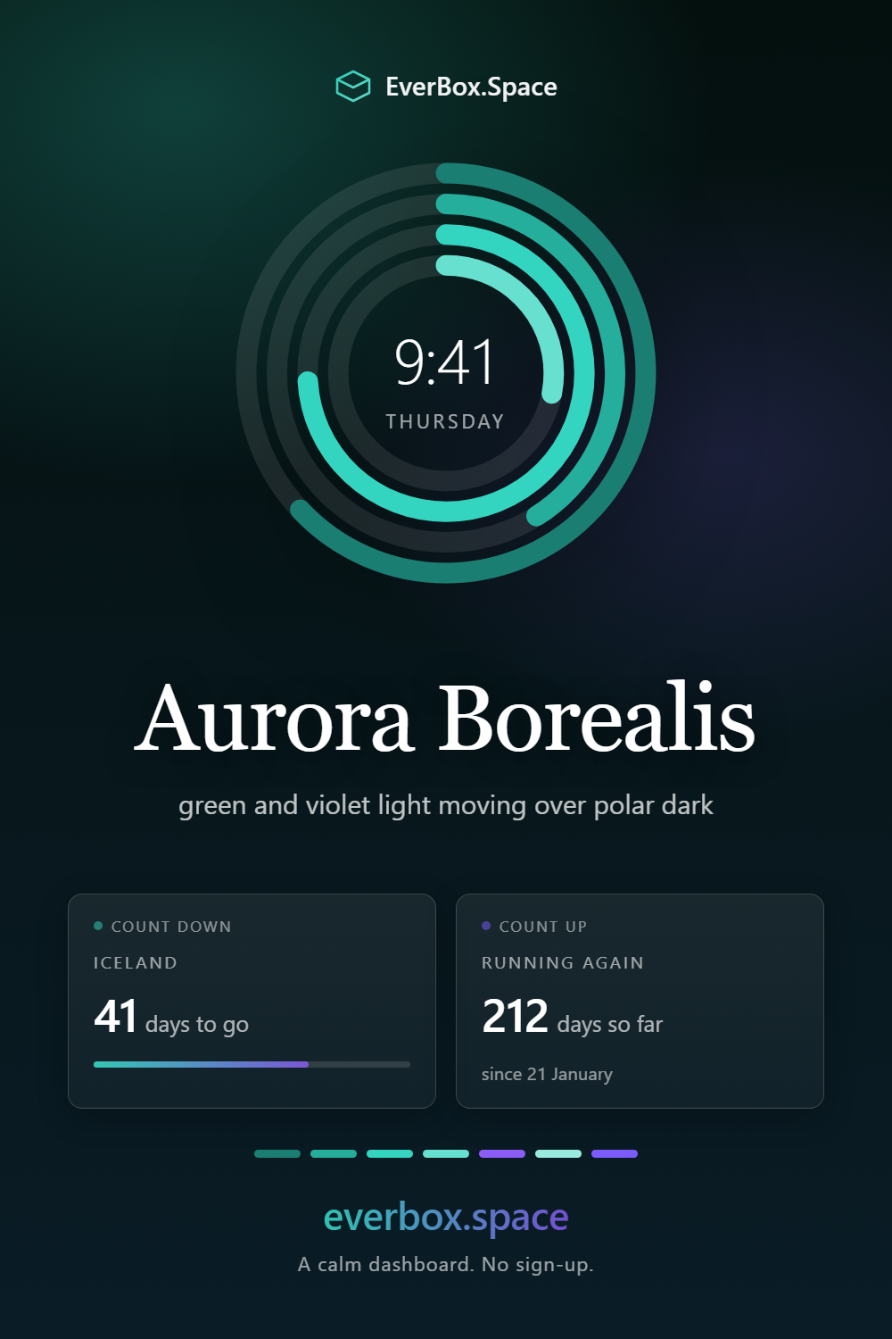EverBox.Space dashboard in the Aurora Borealis theme — green and violet light moving over polar dark