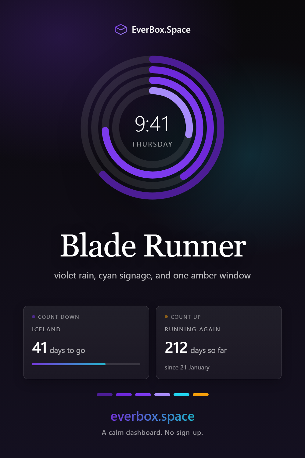 EverBox.Space dashboard in the Blade Runner theme — violet rain, cyan signage, and one amber window