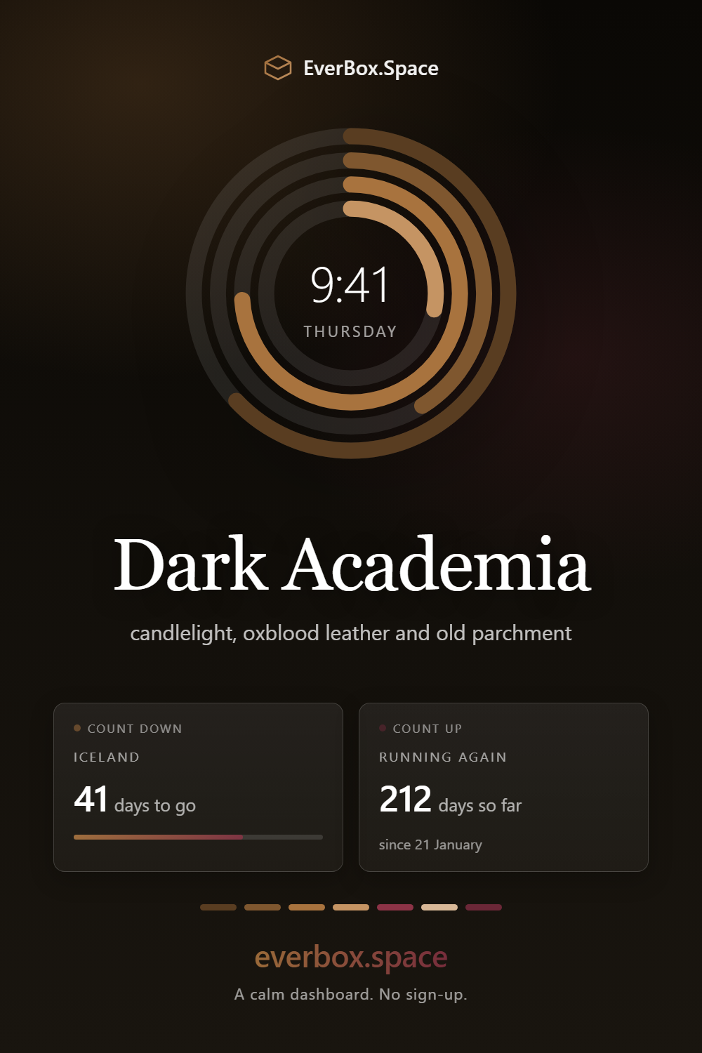 EverBox.Space dashboard in the Dark Academia theme — candlelight, oxblood leather and old parchment