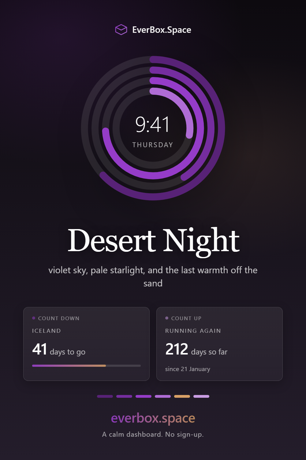 EverBox.Space dashboard in the Desert Night theme — violet sky, pale starlight, and the last warmth off the sand