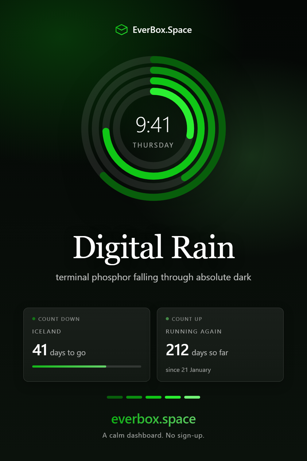 EverBox.Space dashboard in the Digital Rain theme — terminal phosphor falling through absolute dark