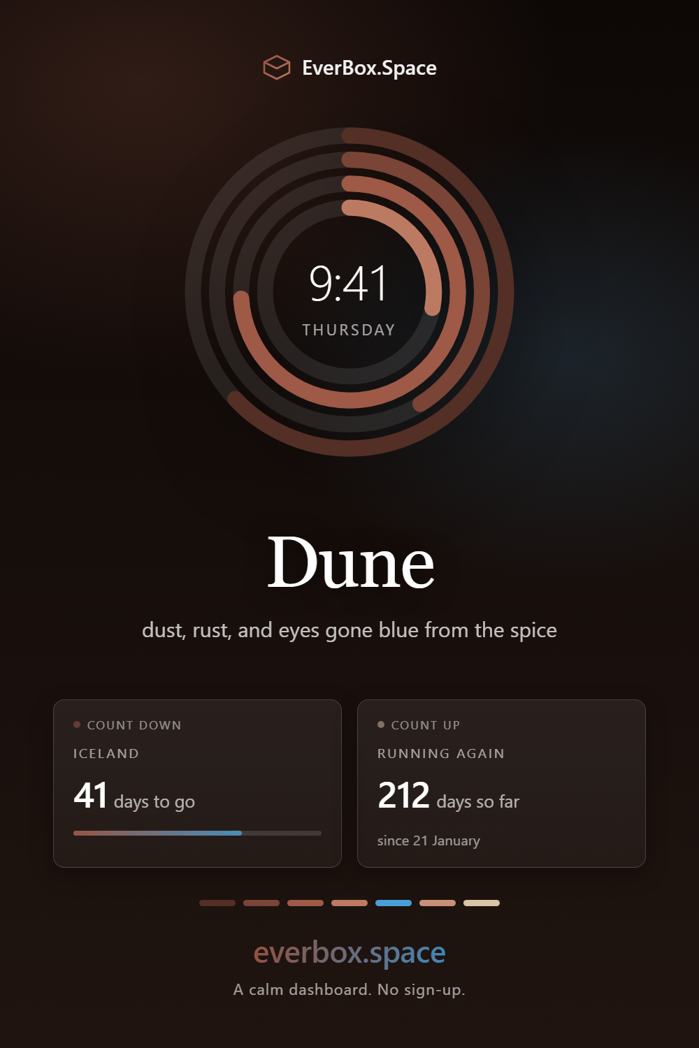EverBox.Space dashboard in the Dune theme — dust, rust, and eyes gone blue from the spice