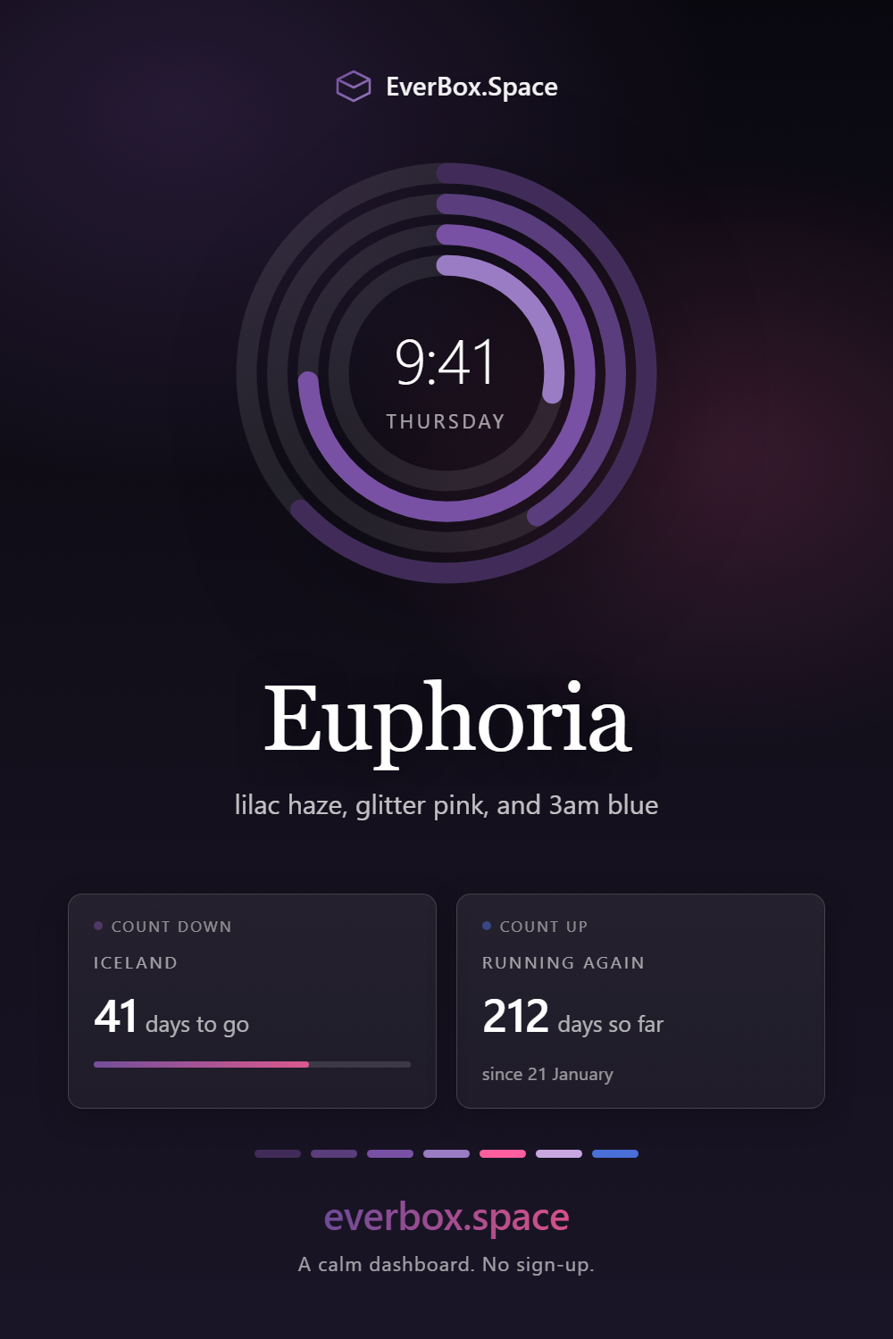 EverBox.Space dashboard in the Euphoria theme — lilac haze, glitter pink, and 3am blue