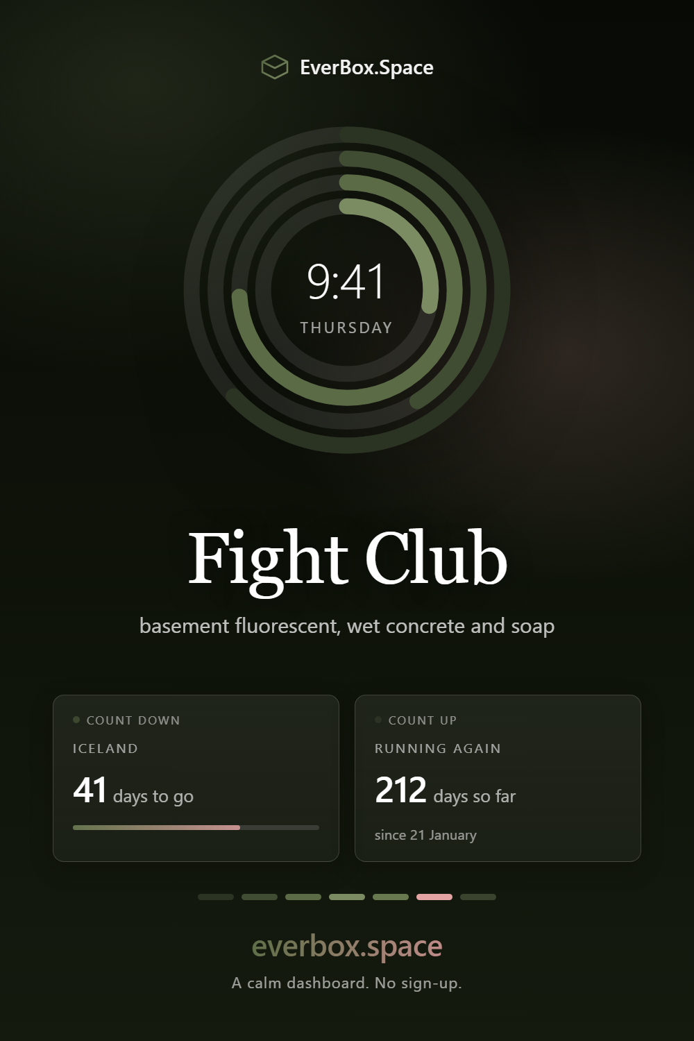 EverBox.Space dashboard in the Fight Club theme — basement fluorescent, wet concrete and soap