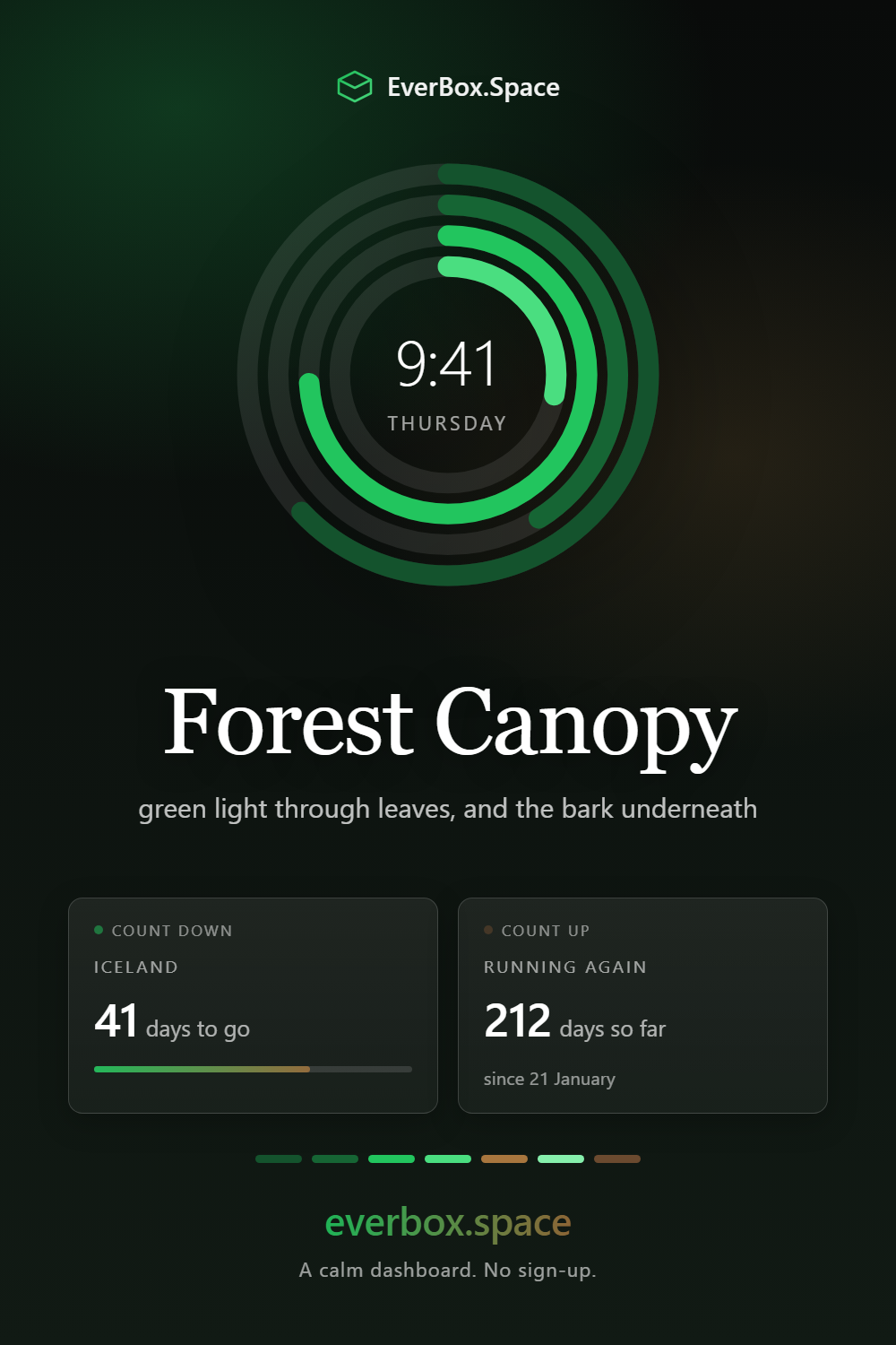 EverBox.Space dashboard in the Forest Canopy theme — green light through leaves, and the bark underneath