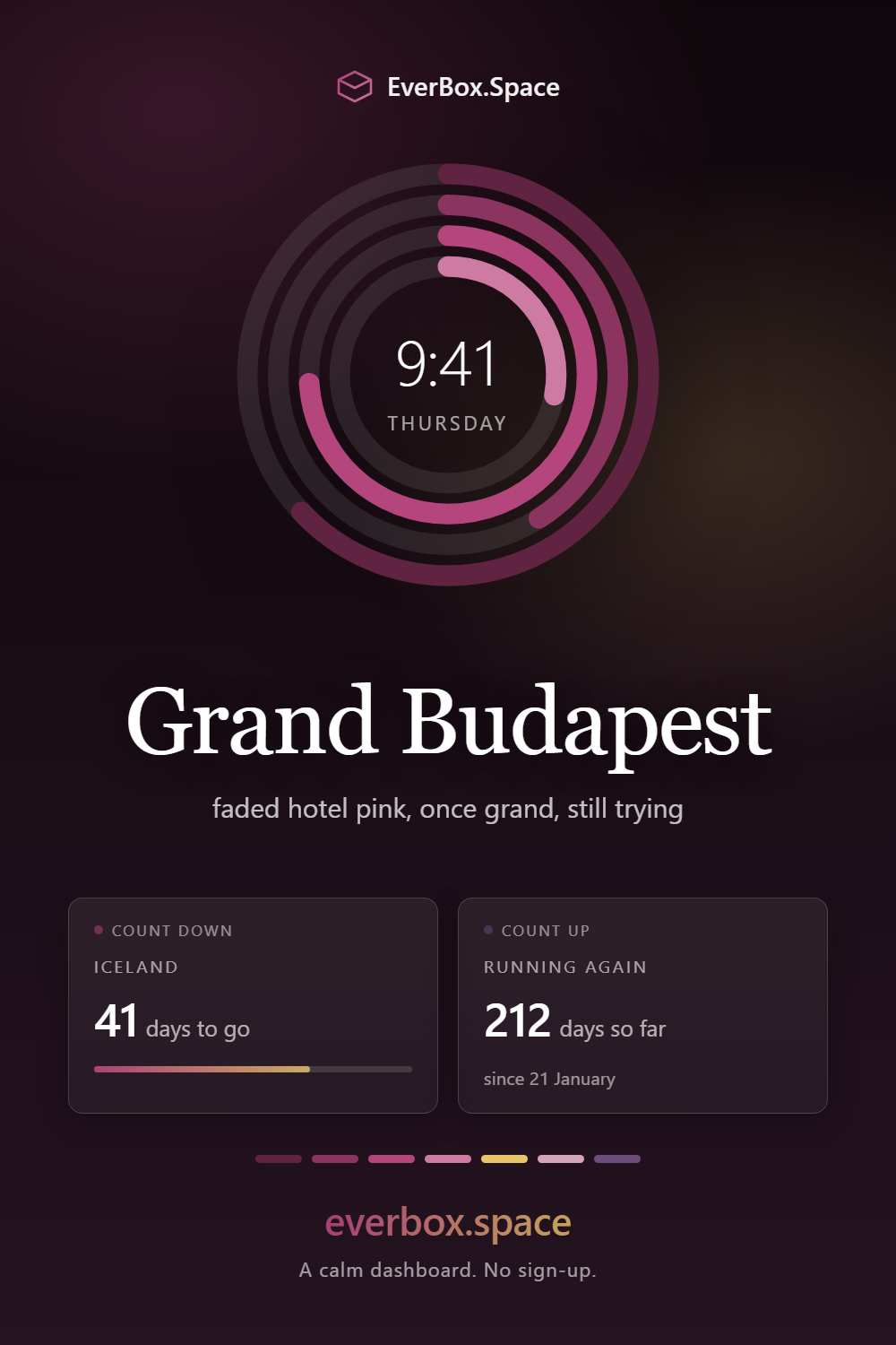 EverBox.Space dashboard in the Grand Budapest theme — faded hotel pink, once grand, still trying