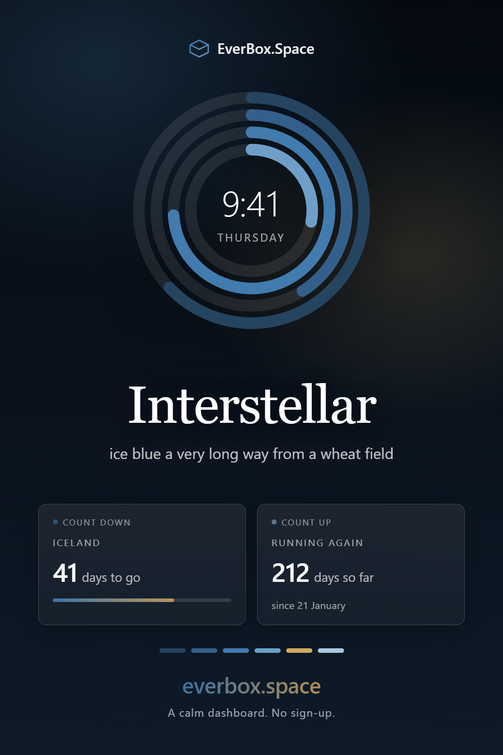 EverBox.Space dashboard in the Interstellar theme — ice blue a very long way from a wheat field