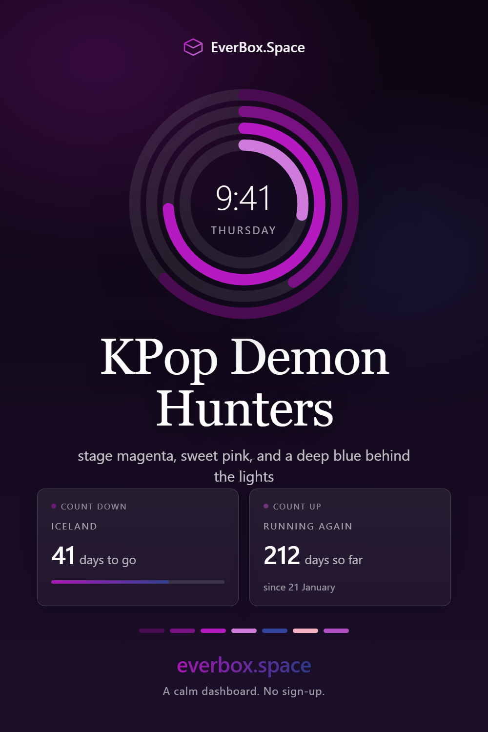 EverBox.Space dashboard in the KPop Demon Hunters theme — stage magenta, sweet pink, and a deep blue behind the lights