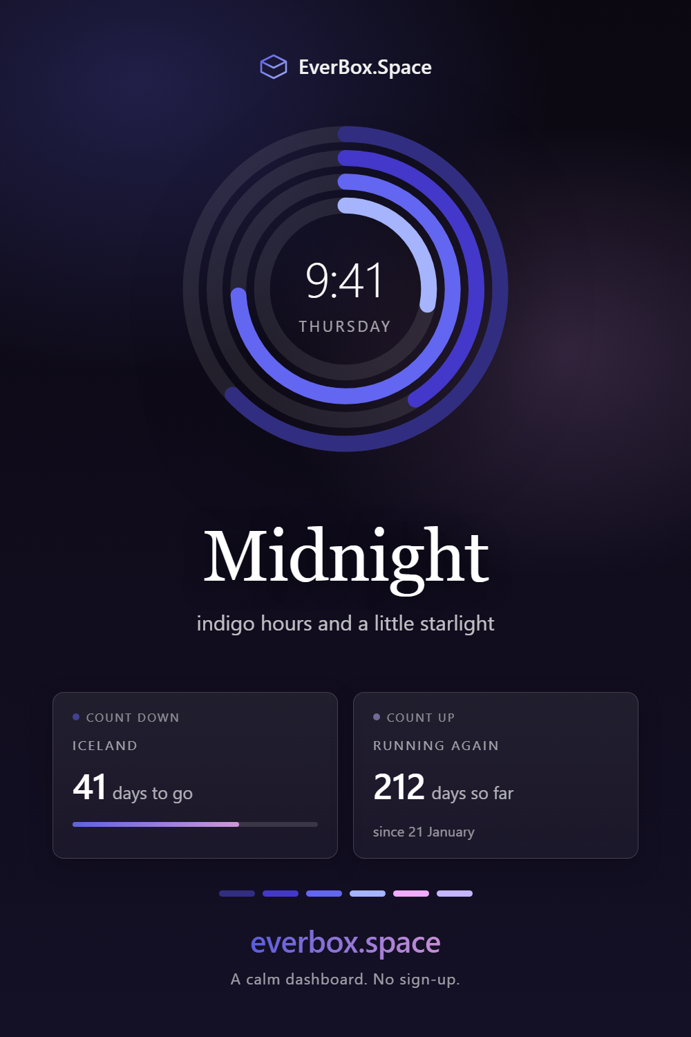 EverBox.Space dashboard in the Midnight theme — indigo hours and a little starlight
