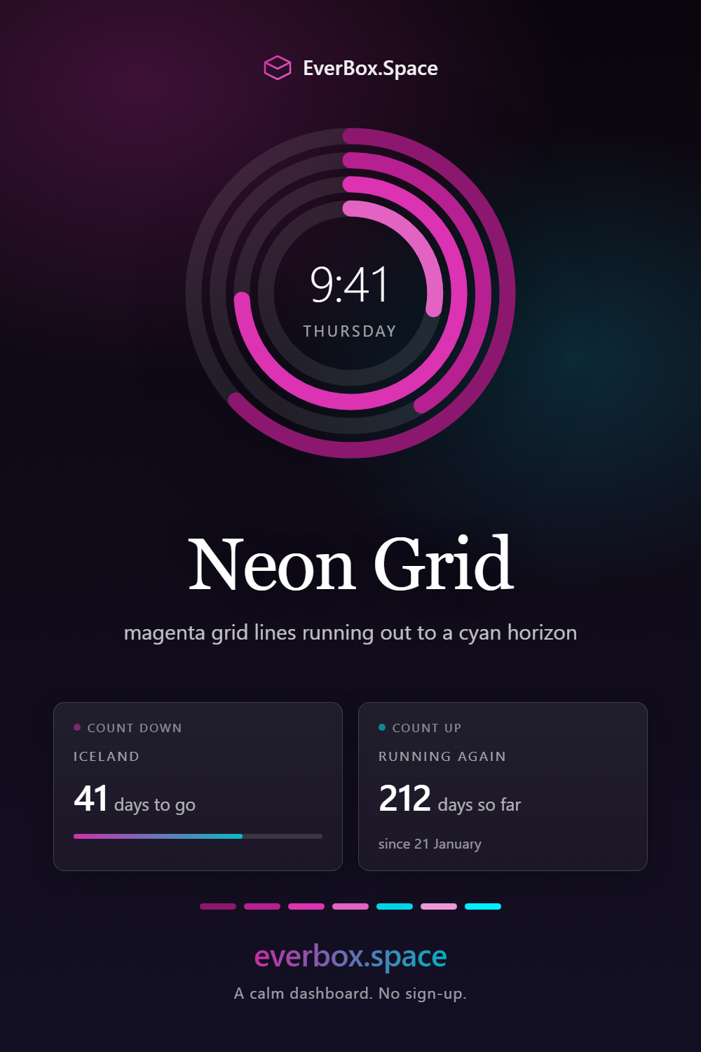 EverBox.Space dashboard in the Neon Grid theme — magenta grid lines running out to a cyan horizon
