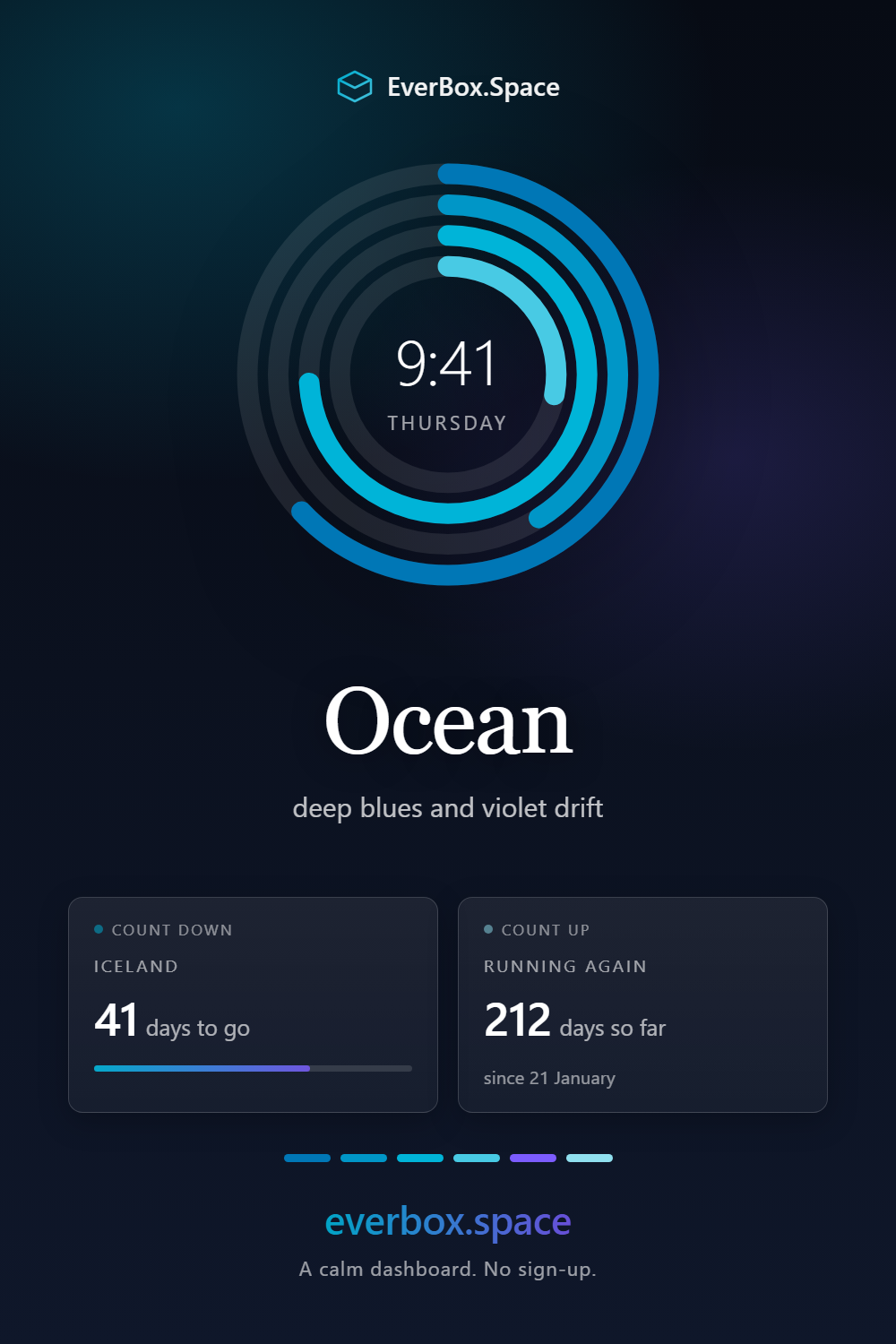 EverBox.Space dashboard in the Ocean theme — deep blues and violet drift