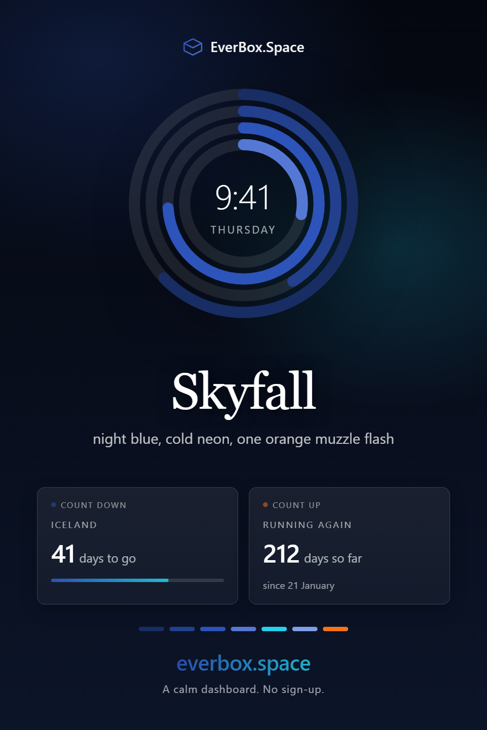 EverBox.Space dashboard in the Skyfall theme — night blue, cold neon, one orange muzzle flash