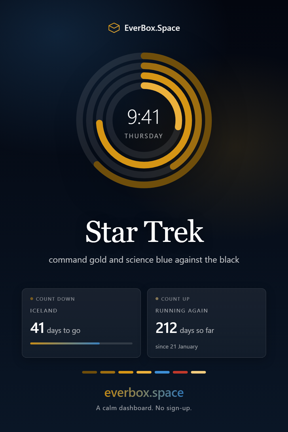 EverBox.Space dashboard in the Star Trek theme — command gold and science blue against the black