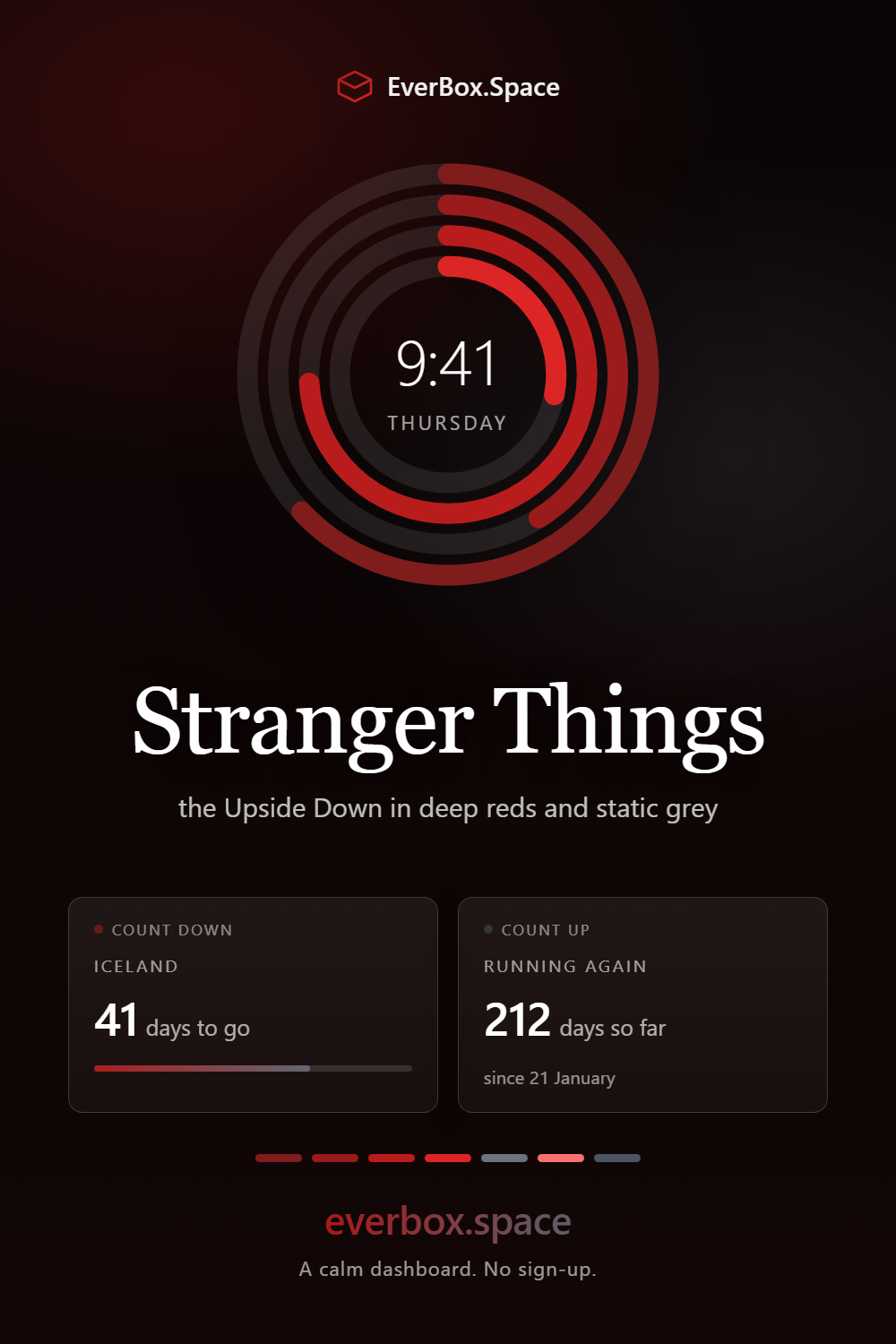 EverBox.Space dashboard in the Stranger Things theme — the Upside Down in deep reds and static grey