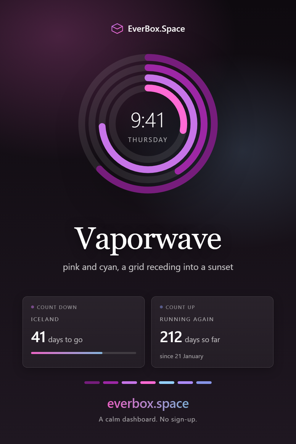 EverBox.Space dashboard in the Vaporwave theme — pink and cyan, a grid receding into a sunset