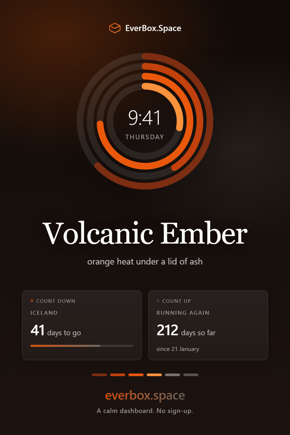 EverBox.Space dashboard in the Volcanic Ember theme — orange heat under a lid of ash